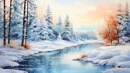 Fototapeta premium watercolor wonderful winter landscape