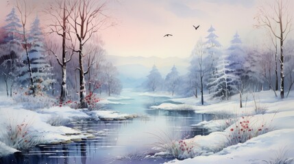 watercolor wonderful winter landscape