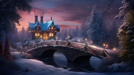 Fototapeta premium Christmas backdrop with snow-covered bridge over gently flowing river. Winter forest with frosted trees.