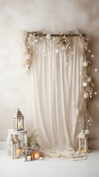 Simple and Clean Boho Christmas Studio Backdrop. Creative minimalist holiday background.