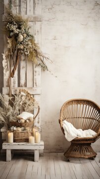 Simple and Clean Boho Christmas Studio Backdrop. Creative minimalist holiday background.
