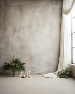 Simple and Clean Boho Christmas Studio Backdrop. Creative minimalist holiday background.