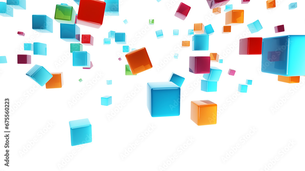 Poster colorful 3d render falling cubes, isolated on transparent background. generative ai