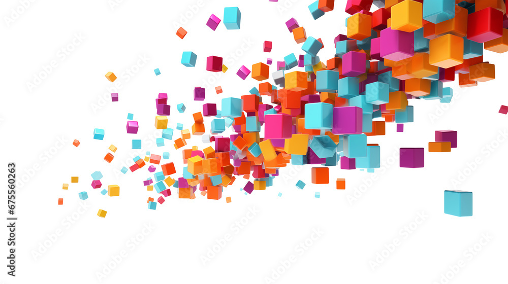 Poster colorful 3d render falling cubes, isolated on transparent background. generative ai