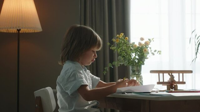 Smart enthusiastic kid draws against background of window at table. Cinematic. Quiet happy morning filled with creativity and fantasies coming to life on paper. Art and creativity simple concept