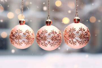 Pink and white Christmas balls ornament decoration and snowing background with bokeh lights