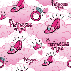 Girls seamless pattern with high heel shoes on clouds, ring, text Princess time. Pink girlish ornament. Princess repeat print