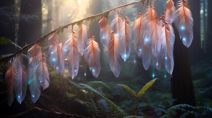 Iridescent feathers catching the first light of day, each one adorned with dewdrops, creating a dreamy scene in a misty redwood forest.