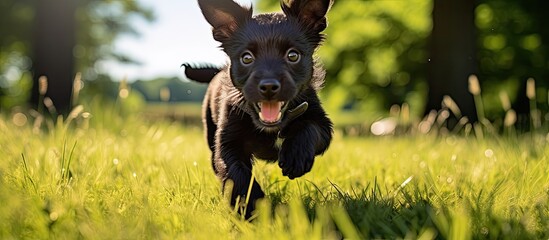The cute black puppy wagged its tail and happily ran across the grassy floor casting a beautiful shadow as it played showing off its adorable canine tongue reminding us of the joy that come - obrazy, fototapety, plakaty