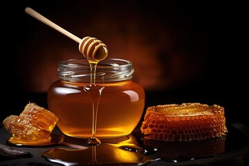 Glass jar full of golden honey with dipper and honeycomb on a dark background