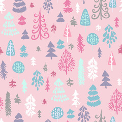 Obraz premium Vector seamless repeat pattern with hand drawn Christmas trees of whimsical shapes in pink, blue, purple pastel and white.