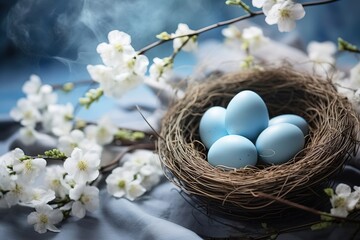 Serene Easter composition with a nest of blue eggs and soft blossoms