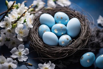 Serene Easter composition with a nest of blue eggs and soft blossoms