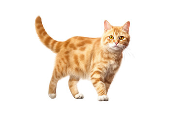 ginger cat walks on a white and isolated