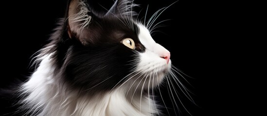 The cute white and black cat had its hair neatly groomed and its face looked adorable in the closeup photo