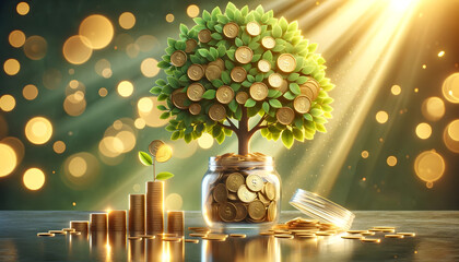 A Jar of Coins with a Money Tree Blossoming into Prosperity: A Symbolic Representation of Financial Growth and prosperity, with stacks of coins, bokeh, and warm light, Created with Generative AI - obrazy, fototapety, plakaty