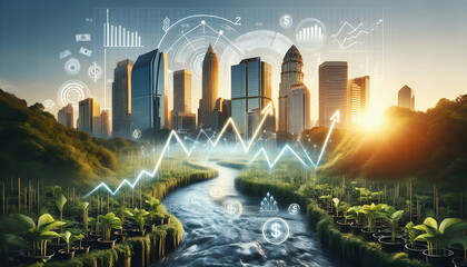 The Financial Hub: A Vibrant Cityscape with a Serene River Flowing Through It, with Stock market graphics, Created with Generative AI Technology