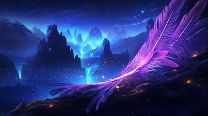 Neon feathers, like a cascading waterfall, covered in dew drops, against a backdrop of neon-lit mountains under a starry night sky.