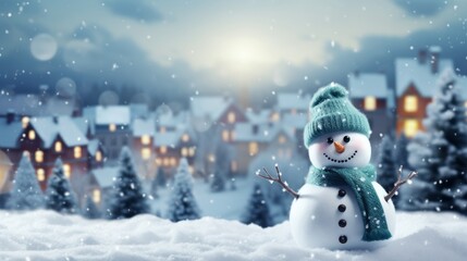 Obraz premium Сhristmas snowman in winter. Happy snowman standing in Сhristmas landscape.