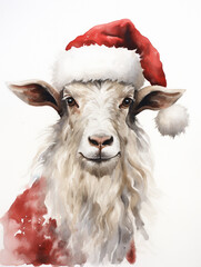 A Minimal Watercolor Portrait of a Goat Dressed Like Santa Claus