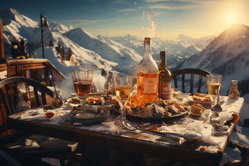 table with wine in restaurant with a view of the mountains  ai generative