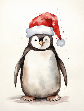 A Minimal Watercolor Portrait of a Penguin Dressed Like Santa Claus