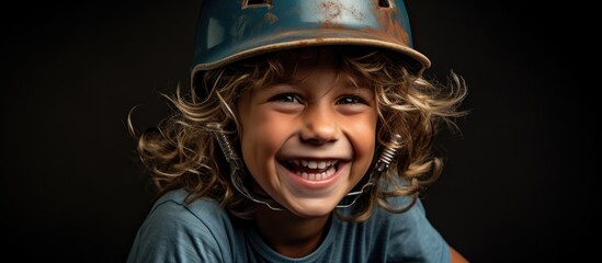 In the summer heat a happy child with blue eyes and a contagious smile wore a baseball helmet protecting their beautiful hair as they played a game of baseball The portrait captured their jo