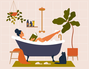 Woman taking bath in home bathroom. Female with book relaxing in bathtub water with soap foam, bubbles. Beauty and body care routine. Flat vector illustration isolated