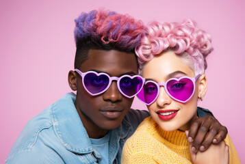 Young Gen Z fashion mixed couple with trendy pink sunglasses, heart in the background, love and Valentine's day concept, fun pastel colors, diversity hd