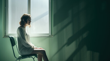 Lonely sad woman sitting on a chair in an empty room in front of a window. Creative concept of loneliness, sadness, depression, sociophobia. - obrazy, fototapety, plakaty