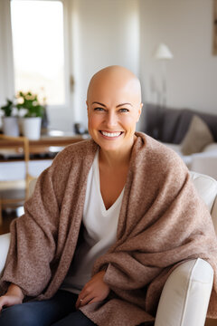 Optimistic bald woman portrait, cancer illness chemotherapy, smiling hope