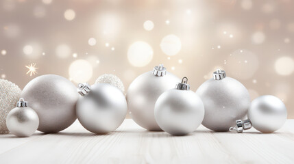 Silver Christmas background with copy space for text. Wallpaper greeting card template, new year balls for Christmas tree. 