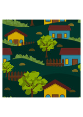 Editable Vector Seamless Pattern of Village Scenery Illustration With Dark Background for Decorative Element of Rural Related Design