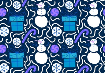 Cartoon winter ice seamless snowman and snowflakes and candy pattern for Christmas packaging and new year