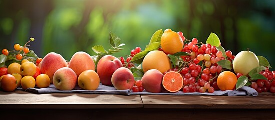 The vibrant colors of red and orange fruits on the wooden table add a pop of summer and nature to the background of the green garden creating a healthy and visually pleasing display of agric