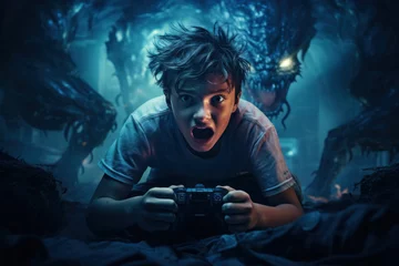 Foto op Canvas Excited gamer plays horror video game, face of shocked shouting boy. Scared teen controls and watches computer videogame in dark room. Concept of young people, emotion, esport, kid © karina_lo