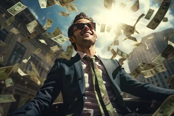 Fotobehang Happy businessman having fun with cash. Smiling rich person rejoices at rain of money on street, man throws up dollar bills near office buildings. Concept of business, success, win, winner © karina_lo