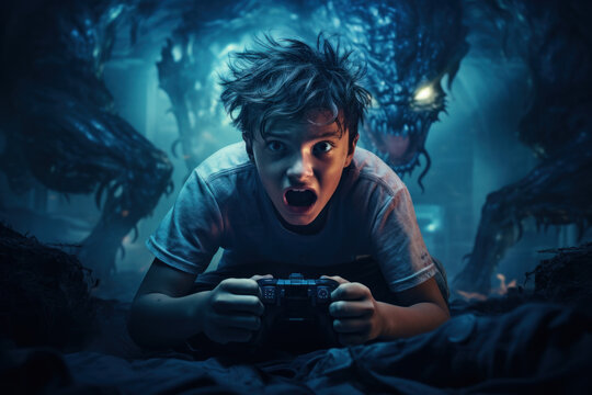 Excited gamer plays horror video game, face of shocked shouting boy. Scared teen controls and watches computer videogame in dark room. Concept of young people, emotion, esport, kid