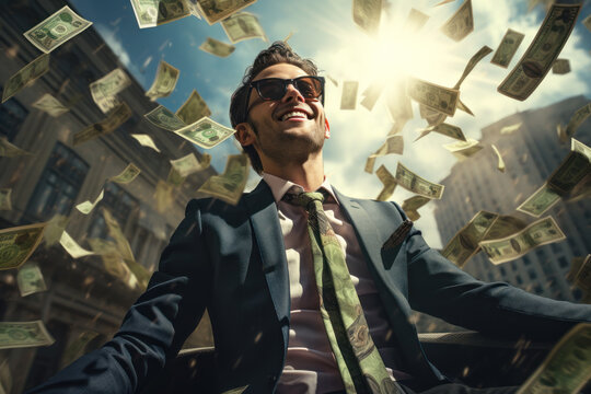 Happy businessman having fun with cash. Smiling rich person rejoices at rain of money on street, man throws up dollar bills near office buildings. Concept of business, success, win, winner