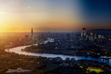 Seamless day to night time lapse transition of the urban skyline of London, England