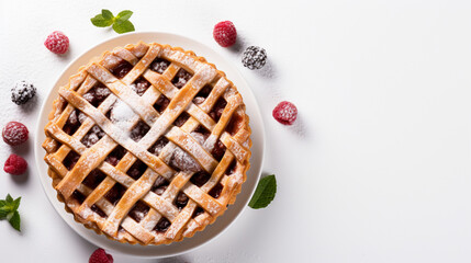 Berry pie on isolated white background. Banner with copy space. Generative AI