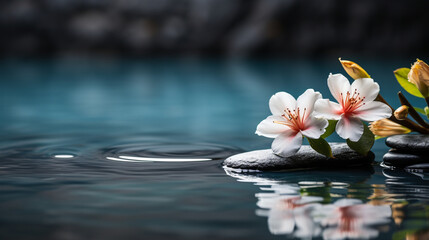 Spa banner with copy space. Organic natural background with flower and flat stones. Generative AI
