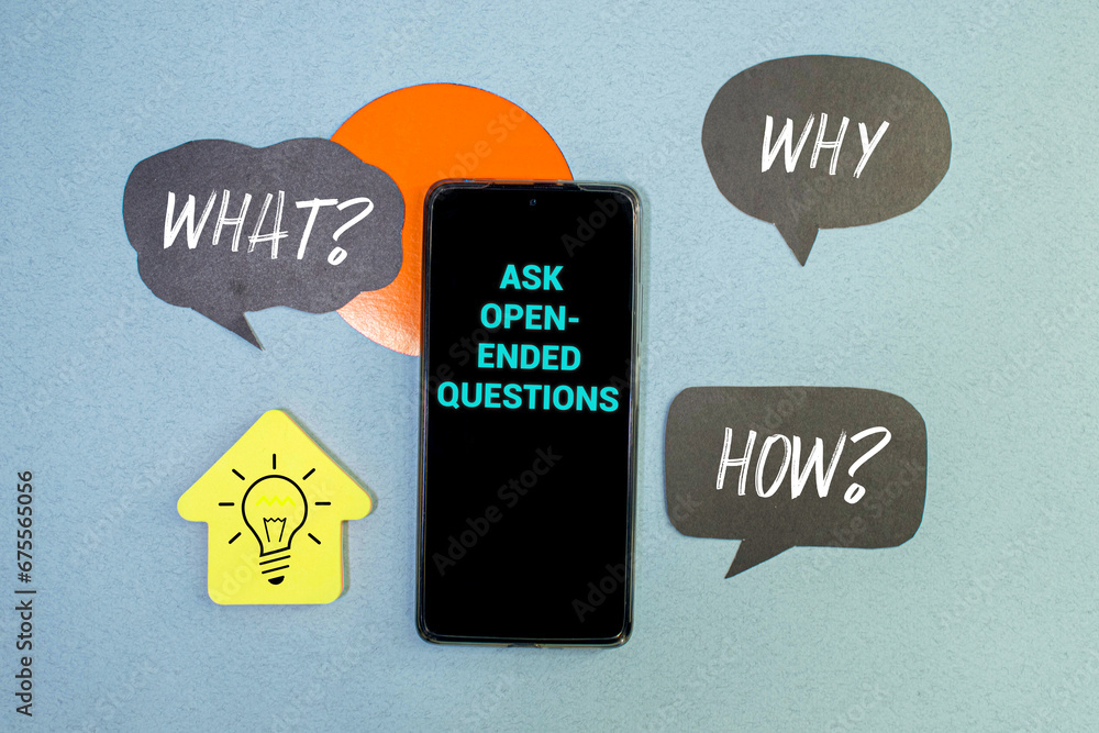Poster ask open-ended questions written on a notebook page, pencil on the left. motivational concept image
