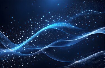 Fototapeta na wymiar Abstract dark blue background with glowing particles, waves, and stars. Starscapes, cosmos, science, galaxy, futuristic world. Designed for banners, wallpaper.