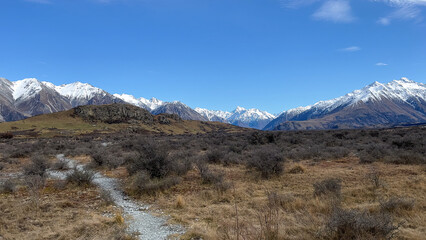 Mount Sunday, Home of Edoras in the movie The Lord of the Rings in Hakatere Conservation park - obrazy, fototapety, plakaty