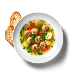 Top view of soup with meatballs and potato served with slices of bread on white background.