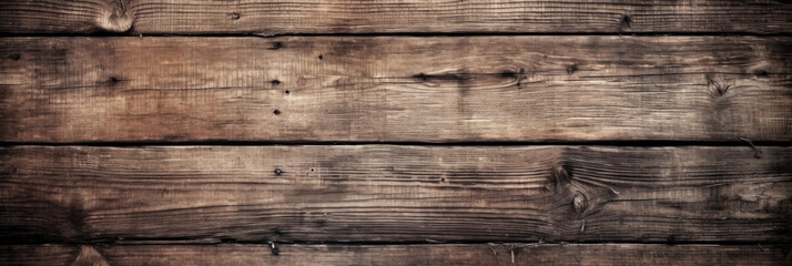 Vintage wood planks texture background, rough weathered wooden boards with nails. Panoramic wide banner of old dark barn wall. Theme of rustic design, nature, material, grunge