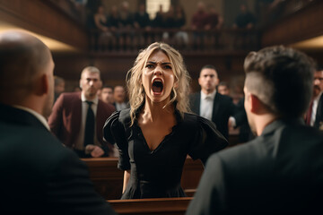 woman in a court room during a heated trial, justice, trial - obrazy, fototapety, plakaty