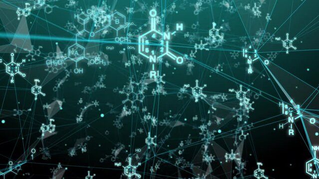 Animation of structural chemical formulas on a white background in abstract digital space. video loop