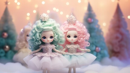 Two adorable dolls in pastel colors in a festive background